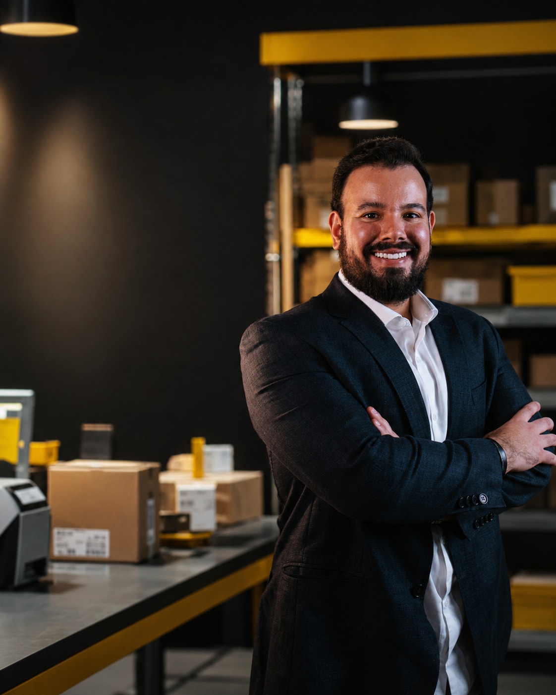 Douglas Fernandes Filho em um centro de distribuição, cercado por estoque