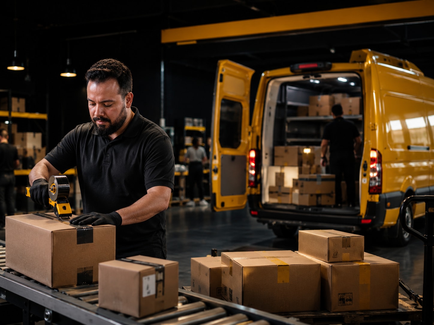 Operação de expedição: pedidos embalados sendo carregados para envio